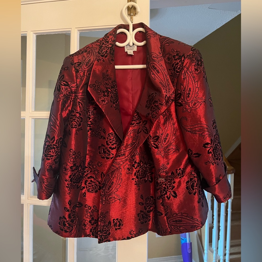 Plus size Red Satin Paisley Floral Blazer